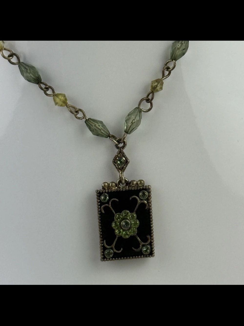 OOAK Vintage Pendant Necklace Green Bead Antique Gold Art Nouveau Deco Edwardian